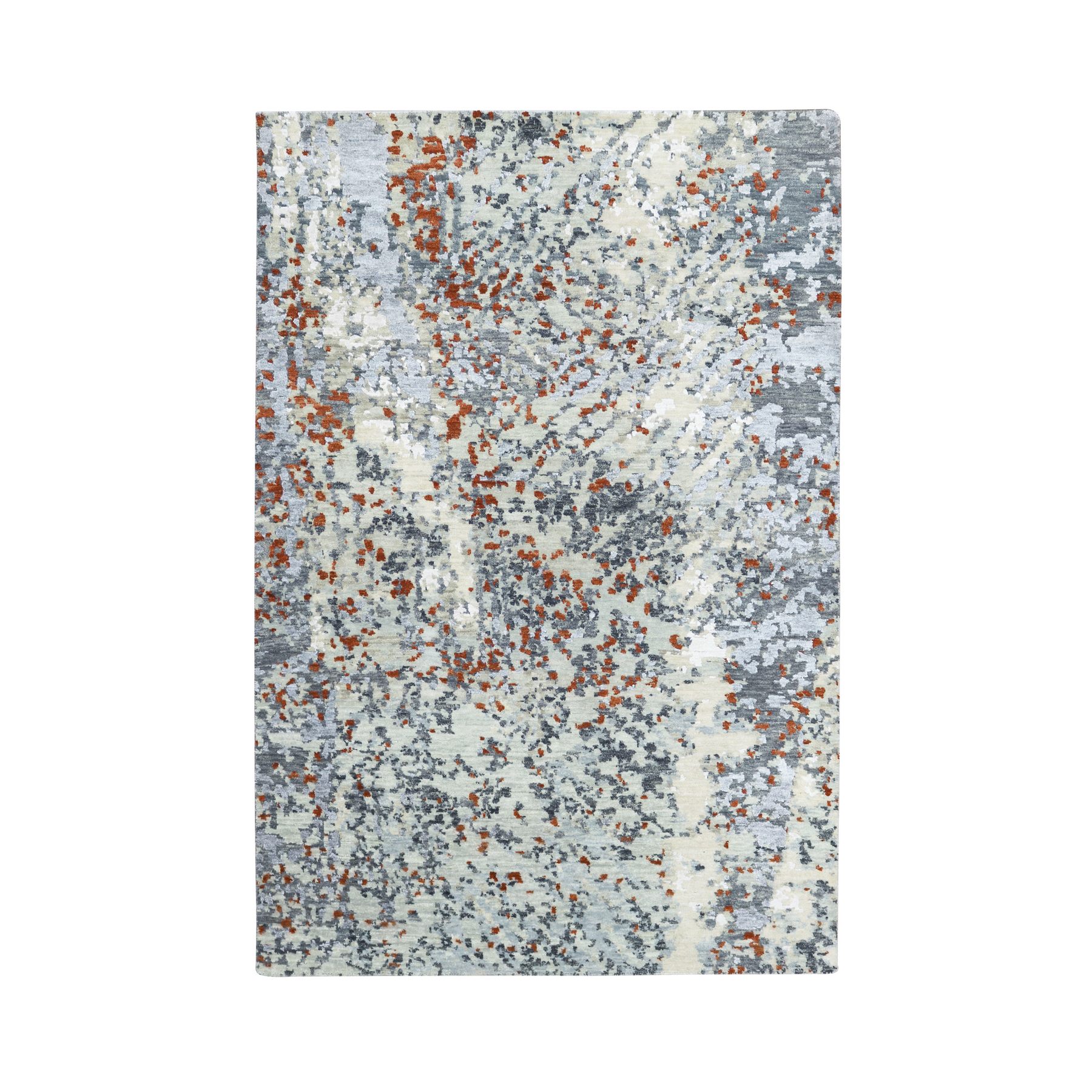 Charcoal Gray with Beige, Hand Knotted, Persian Knot, Abstract with Galaxy Design, 100% Wool, Densely Woven, Oriental Rug